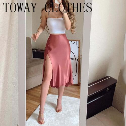 Summer Women Square Neck Spaghetti Strap Crop Top & Satin Buttoned High Slit Midi Skirt Set Casual Two Piece