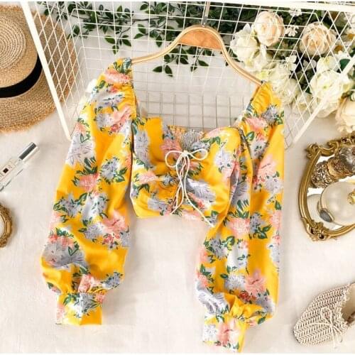 2021 Spring Summer Women French Retro Palace Style Stretch Slim Square Neck Puff Sleeve Short Cropped Chic Sweet Print Top Y397