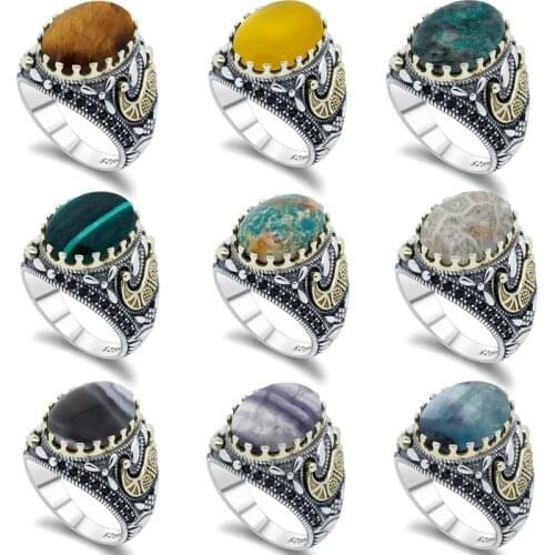 925 sterling silver turquoise agate mens ladies ring black spinel Turkish handmade jewelry ring