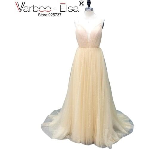 VARBOO_ELSA Sexy Long Evening Dress 2018 Deep V Neck Backless Sequined champagne Party Gown Sleeveless Sweep Train Prom Dresses