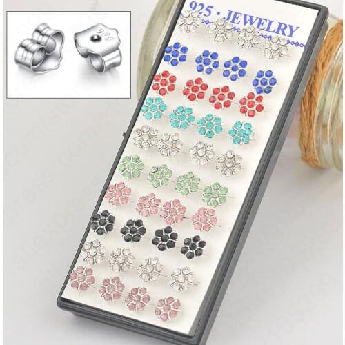 925 Sterling Silver Flower Shape Cute Fashion Woman Stud Earring Jewelry 8 Colors AAA Crystal Good Quality
