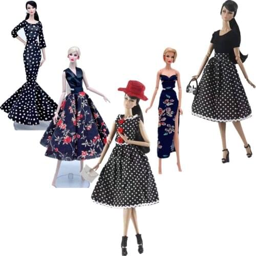 1:6 Classic Black Floral Dotted Polka Doll Dress Clothes For Barbie Dolls Clothes Set Outfits Party Gown 11.5" Dolls Accessories