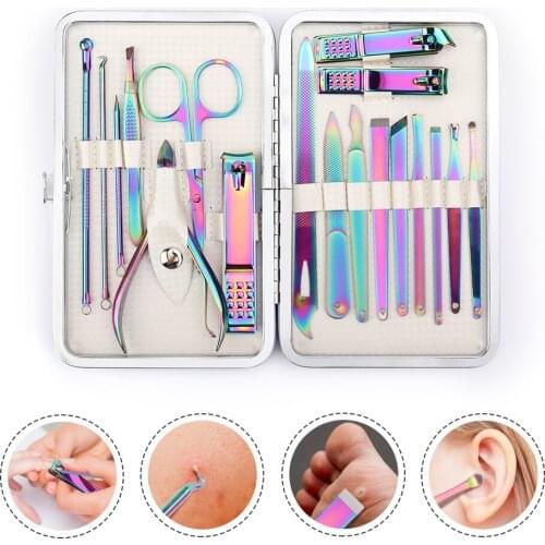 18 Piece Manicure Profeesional Tool Pedicure Set Steel Nail Clipper Trimming Scissor Cuticle Polished File Kit Rainbow Nail Tool