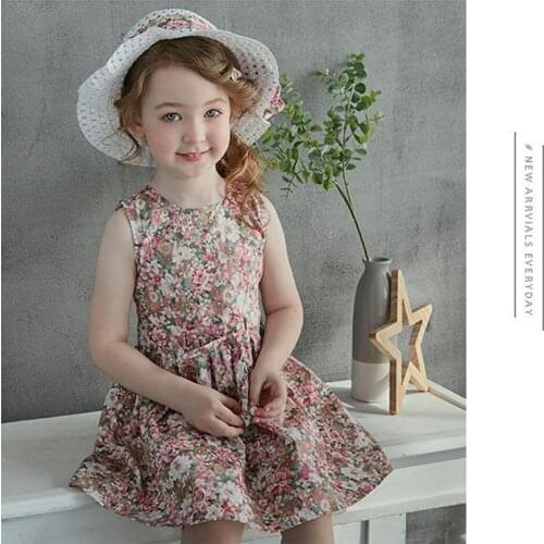 2PCS/Set Girls Dress +Hat Cotton Comfortable Childrens Dress New Summer Dress Floral Girls' Sleeveless Dress for Children