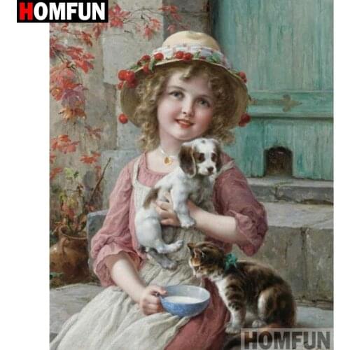 HOMFUN Full Square/Round Drill 5D DIY Diamond Painting "Girl, cat, dog" Embroidery Cross Stitch 3D Home Decor Gift A17576