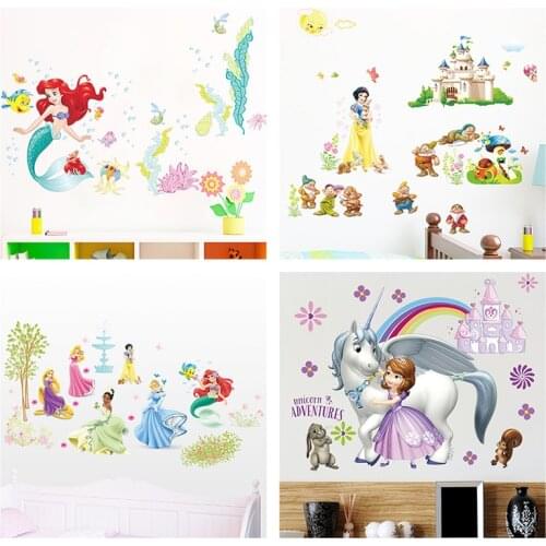 Disney Princess Wall Sticker Snow White Sofia Mermaid Rapunzel Cinderalle Belle Ariel For Kids Room Cartoon Mural Art Home Decor