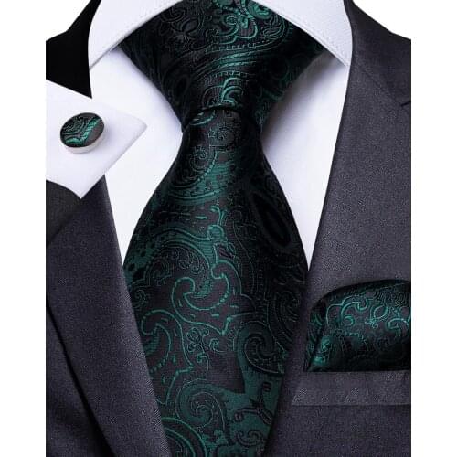 Men Tie Green Black Floral Necktie For Men Designer Tie Set Hanky Cufflinks Fashion Tie DiBanGu Business Wedding Party MJ-7177