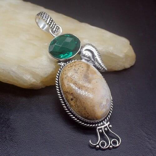 Gemstonefactory Jewelry Big Promotion 925 Silver Natural Ocean Jasper Green Topaz Women Ladies Gifts Necklace Pendant 0315