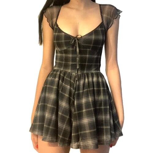 Gothic Girls Plaid Pleated Punk Dress Preppy Style Black Lace Up Harajuku Short Sleeve A Line Party Sexy Mini Dress Streetwear