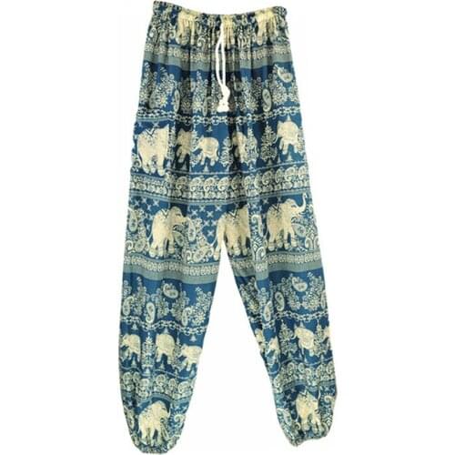 JIGERJOGER Rayon Cotton Strappy Teal Blue elephant Harem Pants pocket stretchy waistband loose yoga leggings free drop shipping