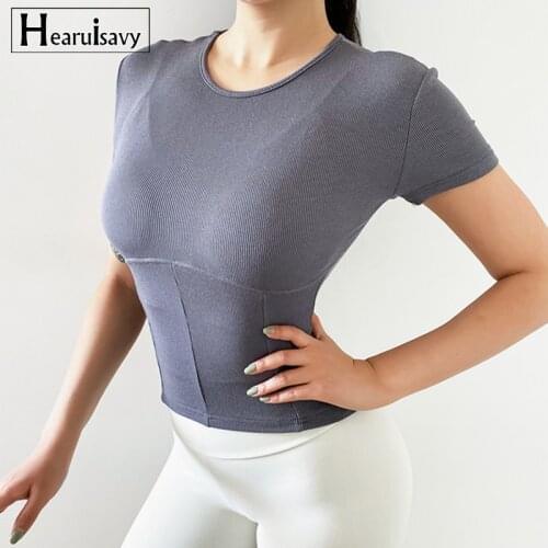 Stitching Yoga Short Sleeve Round Neck Sports Abdomen Breathable Top Womens Gym Workout Push-ups Slim T-Shirts Tights