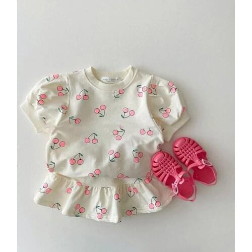 Korean Summer Baby Girl Cherry Clothing Sets Kids Girls Short Sleeve Tshirt Tops + Cotton Soft Skirt 2pcs Suit