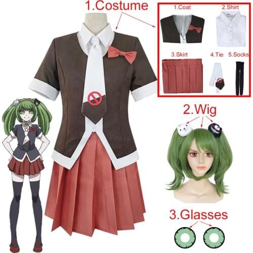 Anime Costumes Danganronpa Monaka Cosplay Costume High School Student Uniform Cafe Work Clothes Short Skirt Ponytail Wig