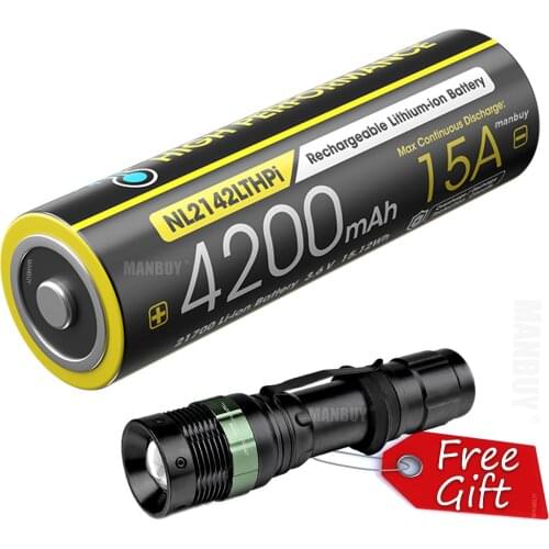 Nitecore NL2142LTHPi Low Temperature 21700 4200mAh 15A 3.6V i Series Protected Li-ion Rechargeable Battery+ Free Gift Flashlight