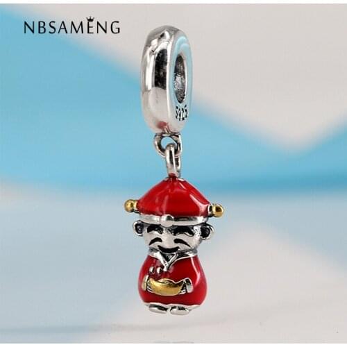 New 925 Sterling Silver Charm Red Enamel Chinese God Of Prosperity Fortune Luck Pendant Beads Fits Bracelet DIY Jewelry