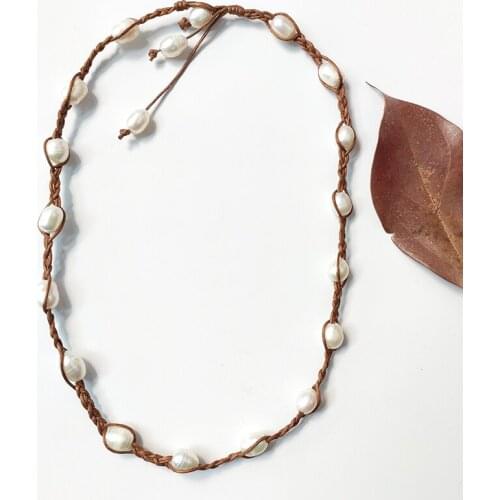 Handmade Brown Leather Necklace Natural Freshwater Pearl Embellishment Exquisite Trendy Clothes Accessories National Style Retro