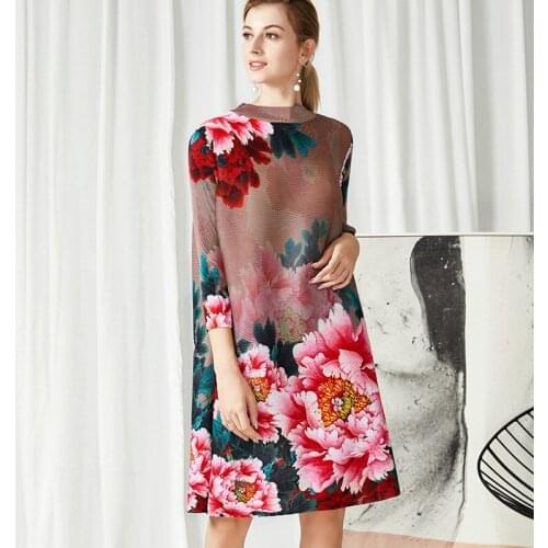 Semi-high collar printed dress female spring and autumn MIYAKE fold seven-point sleeve loose retro big flower A-line dresses