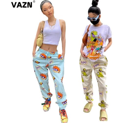 VAZN Sweet casual 2020 summer sexy lady 2 colors design long pants elastic mid waist pockets pants popular cartoon special pants
