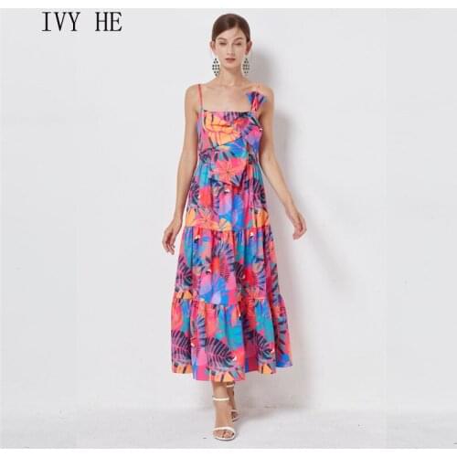 IVY HE High Quality Summer Dress Woman Clothing Patchwork Printed Shoulder Strap Holiday Long Dress Traf Robe ZA Party Dresses