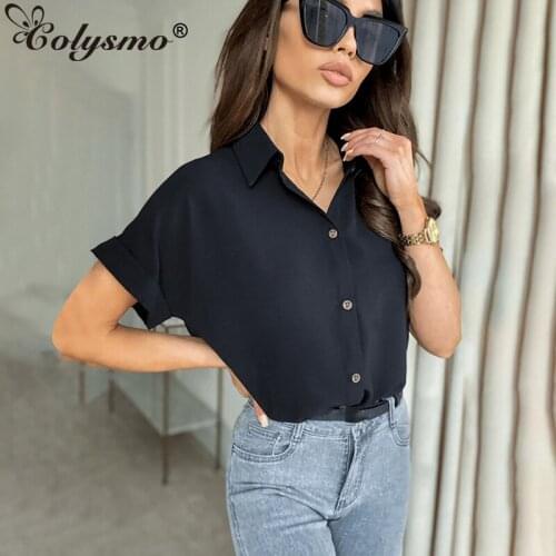 Colysmo Short Sleeve Shirts Turn Down Collar Single Breasted Casual Blouses Solid Color Button up Shirt Summer Shirts for Women