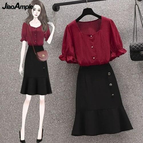Large Size Womens Two Pieces Set 2021 Summer Korean Casual Flare Short Sleeve Shirt+ High Waist Mini Dress Suit Lady Clothing