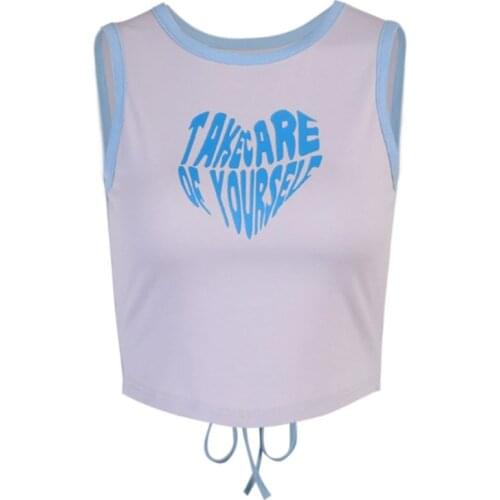 Women Sleeveless O-Neck Crop Top Sexy Cutout Lace-Up Backless Slim Mini Vest Harajuku Contrast Color Letters Cami Shirts