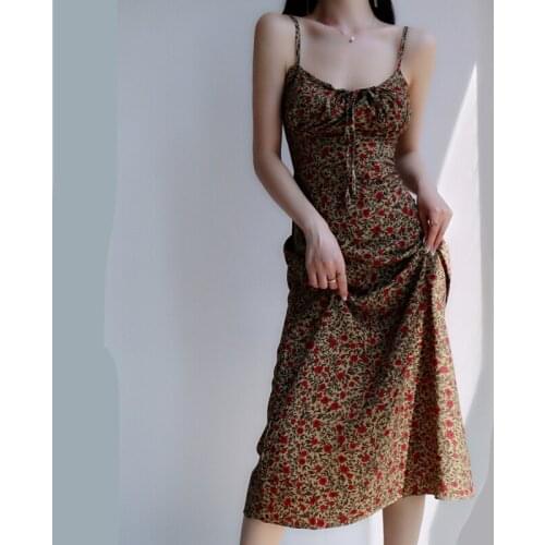 Summer Red Floral Print Spaghetti Strap Dress Women White Elegant Sleeveless Sexy Tie Neck Beach Party Long Yellow Light Dresses
