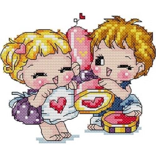 Gold Collection Lovely Counted Cross Stitch Kit Love Stamp Little Boy and Girl Korean Cuties SO