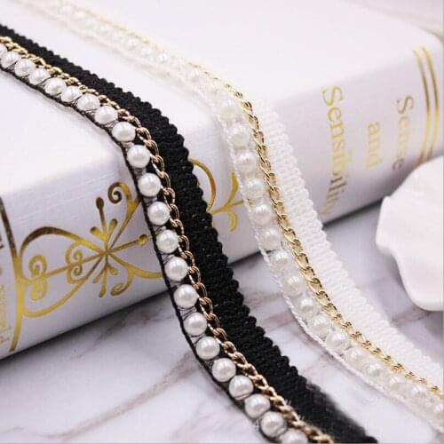 10Yds/lot 2CM wide black beige pearl chain webbing lace DIY clothing beaded lace home curtain accessories AC1014