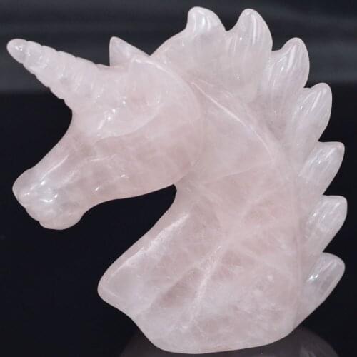 3" Natural Gemstone Rose Quartz Unicorn Figurine Reiki Healing Crystal Statue Decor
