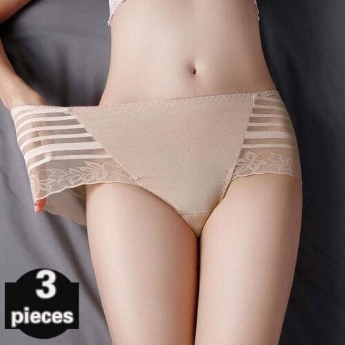3 pcs Fashion Sexy underwear women lace mid-waist cotton crotch briefs cotton large size women Lingerie seamless Female Panties