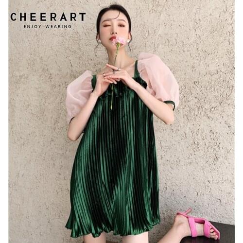 CHEERART Green Pleated Puff Sleeve Summer Dress 2021 Korean Fashion Backless Patchwork Mini Dress Women Designer Clothes