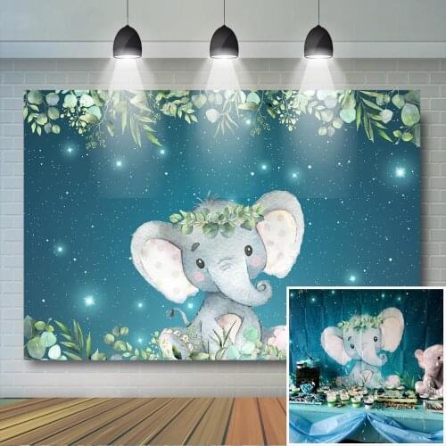 Blue Elephant Baby Shower Backdrop Boy Elephant Twinkle Stars Green Leaf Background Boy Elephant Birthday Banner Decoration
