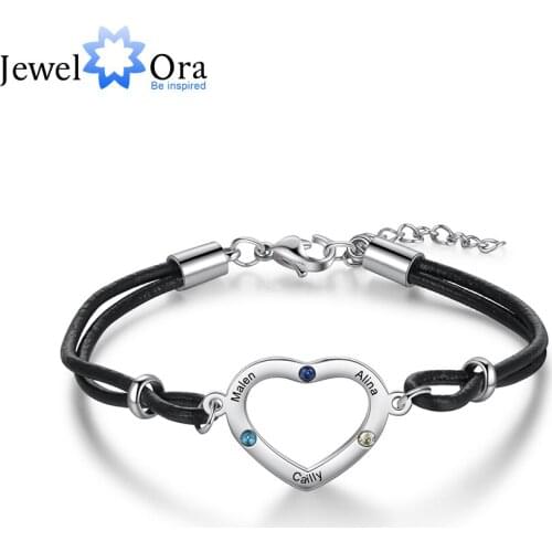 JewelOra Personalized Heart Bracelet with 3 Birthstones Customized Engraving Mother Kids Name Chain Bracelet Anniversary Jewelry