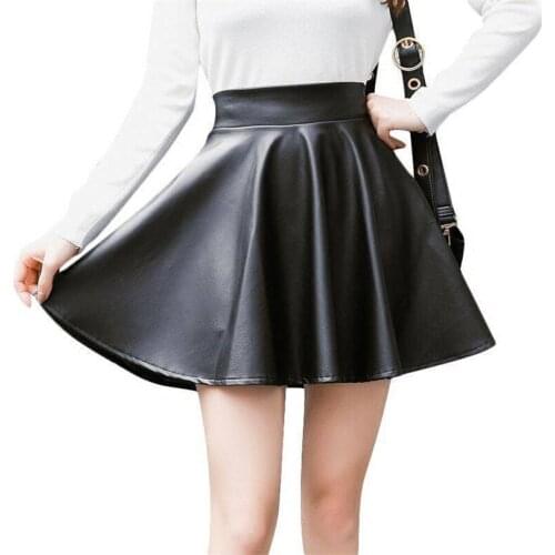 INDJXND High Waist Faux Leather Mini Skirt Casual Above Knee Solid Color Black PU Pleated Fashion Shiny Clothes Dropshipping