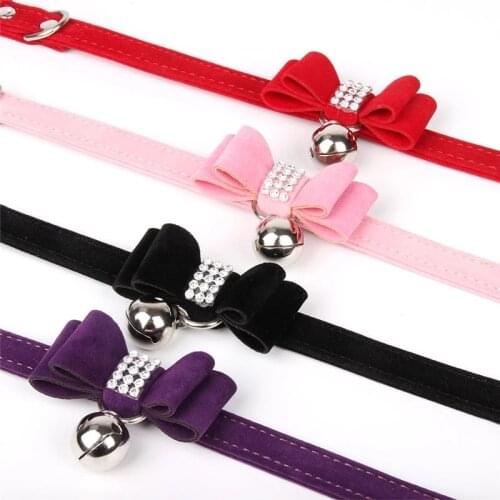 Pet Dog & Cat Collar Rhinestone with Bell Kitten Velvet Bow Tie Safety Elastic 4 Colors Nice Bow Tie Pet Dogs Cats Supplier