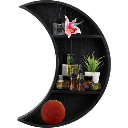 Hanging Shelf Moon Shape Bookcase Storage Rack Bookshelf Crescent Wood Black Crystals Home Wall Decor