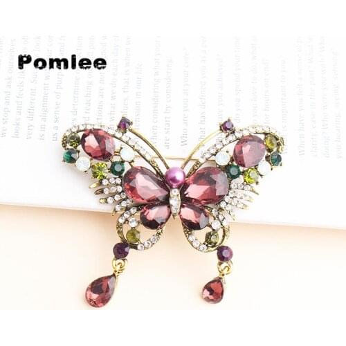 Pomlee Crystal Butterfly Brooches For Women Animal Wine Red And Blue Broches Fashion Bijouterie Broche Femme Bijoux De Luxe