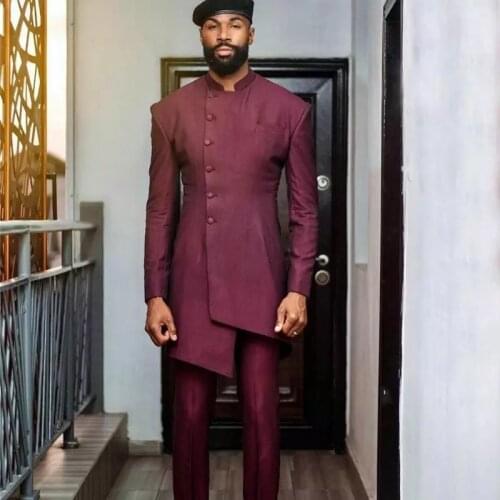 Last Coat Pant Designs Men Long Suit Stand Collar Indian Burgundy Groom Mens Wedding Dress 2 Piece Party Tuxedo Terno Masculino