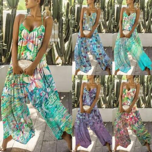 SAGACE Boho Flower Print Sling Jumpsuit women elegance plus size Romper Long Playsuit Button Loose Overalls Backless Jumpsuit