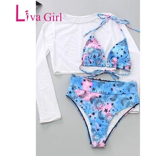 LIVA GIRL Sexy Three-piece Triangle Bikini with 3/4 Sleeve Crop Top Woman 2021 Summer Beachwear Female Beach Printed Swimsuit