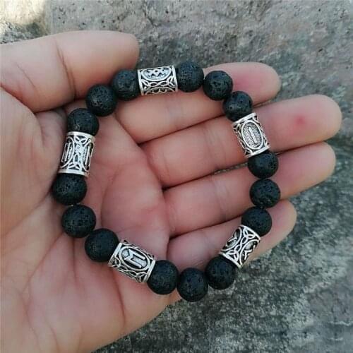 Vintage Norse Viking Bracelets Bangles Odin Luna Symbol Charm Lava Stone Beads Bracelet for Men Essential Oil Diffusion Jewelry