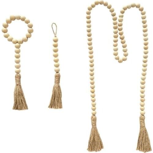 W3JE 1 Set Natural Wooden Beads Garland with Tassel DIY Shabby Chic Rustic Pendant Decoration Farmhouse Wall Hanging Ornaments