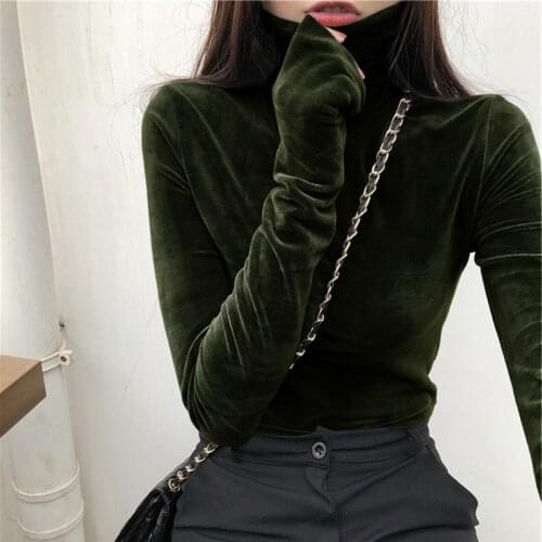 Turtleneck Velvet Tshirts Tops Women Casual Solid Long Sleeve Slim Pullover Tees 2021 Autumn Winter Velour Basic T-Shirts Female