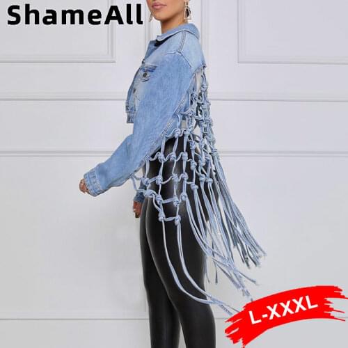 Plus Size Streetwear Woven Mesh Denim Bomber Jacket 3XL Harajuku Hollow Out Ripped Tassel Short Loose Jeans Jackets Jean Coats