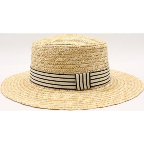 Spring and summer new retro stripe braided flat head straw hat lady wide eaves sunscreen sun hat summer hat cap