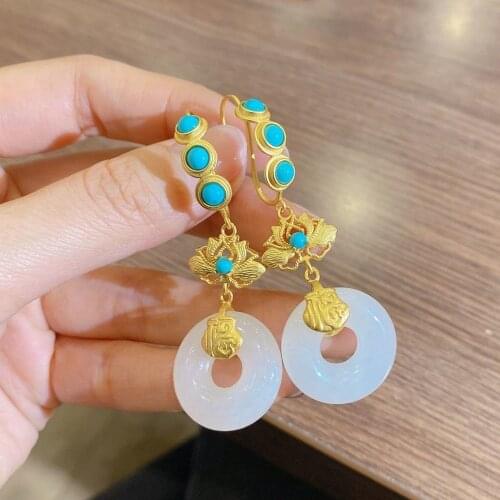 925 Silver Needle Alloy Gold-Plated Inlaid White Jade Safe Buckle Turquoise Earrings Classical Ethnic Style Earrings Women