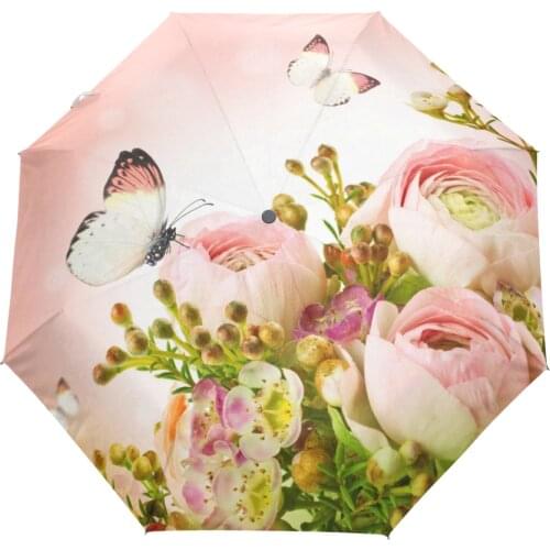 Beautiful Pink Rose Butterfly Print Women Rain Umbrella Anti UV Three Folding Automatic Umbrella Travel Sun Protection Umbrella