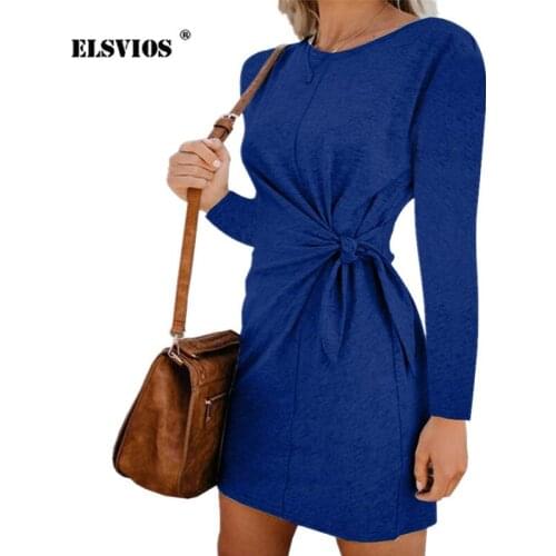 ELSVIOS 2019 winter Autumn bow tie A Line dress women solid long sleeve mini dress Elegant Casual O Neck slim party dresses 2XL