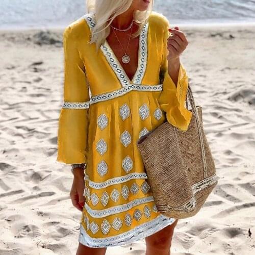 Autumn Harajuku Vintage Printed Chic Women A-Line Dress 2021 Summer Casual Long Sleeve Loose Dresses Lady Fashion V-Neck Dress